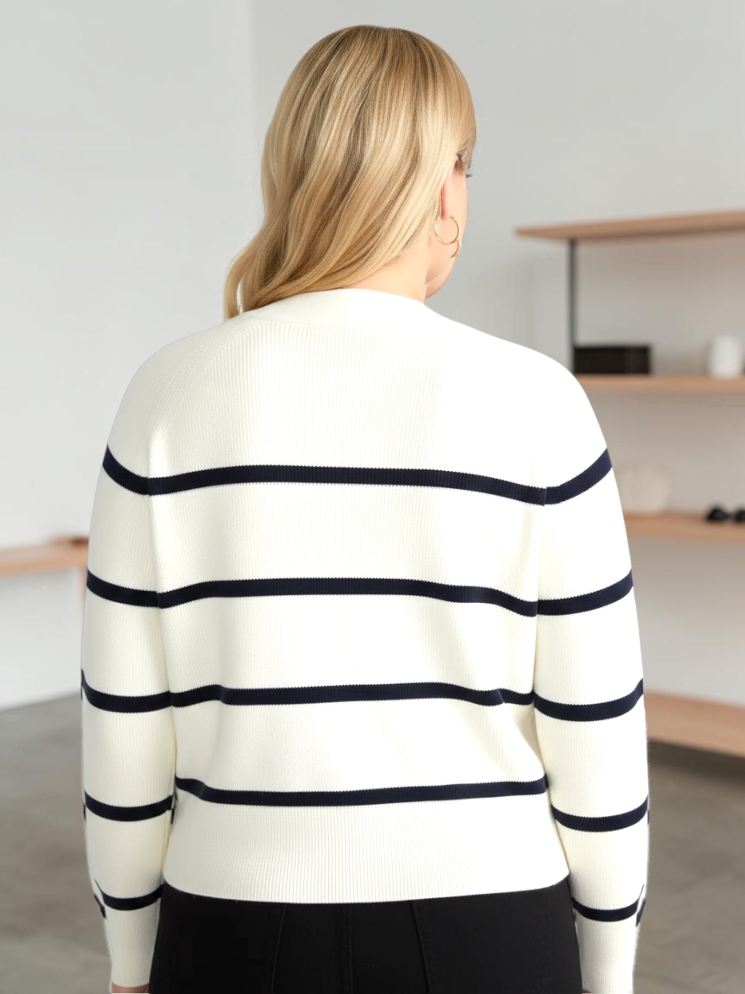 Queen Anna House of Fashion striped Better Than Wool cardigan in cream and navy, back view on a blonde model.