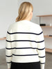 Queen Anna House of Fashion striped Better Than Wool cardigan in cream and navy, back view on a blonde model.