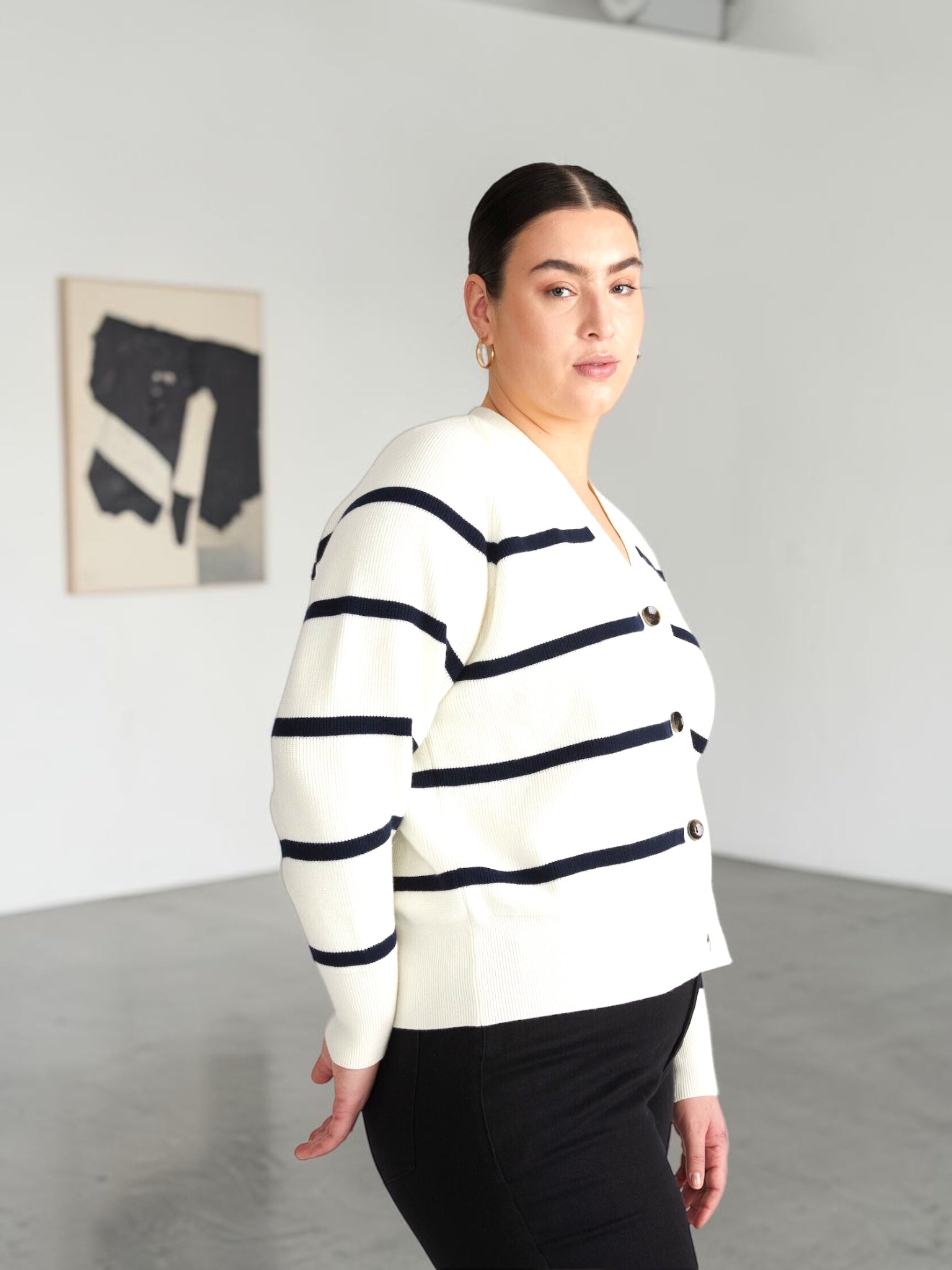 Queen Anna House of Fashion striped Better Than Wool cardigan in cream and navy on a model