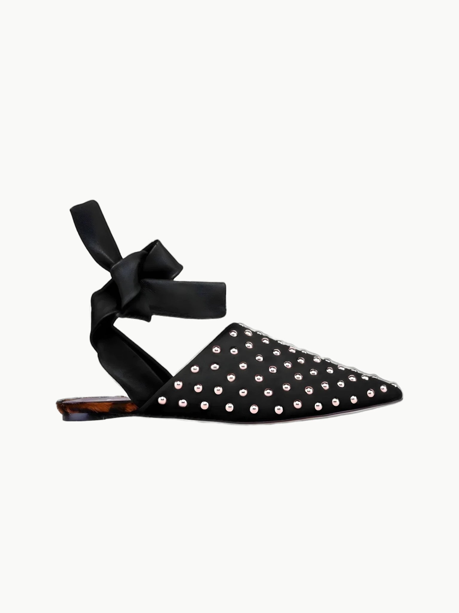 Queen Anna House of Fashion black leather mule with silver studs and a ribbon ankle tie on a tortoiseshell heel.
