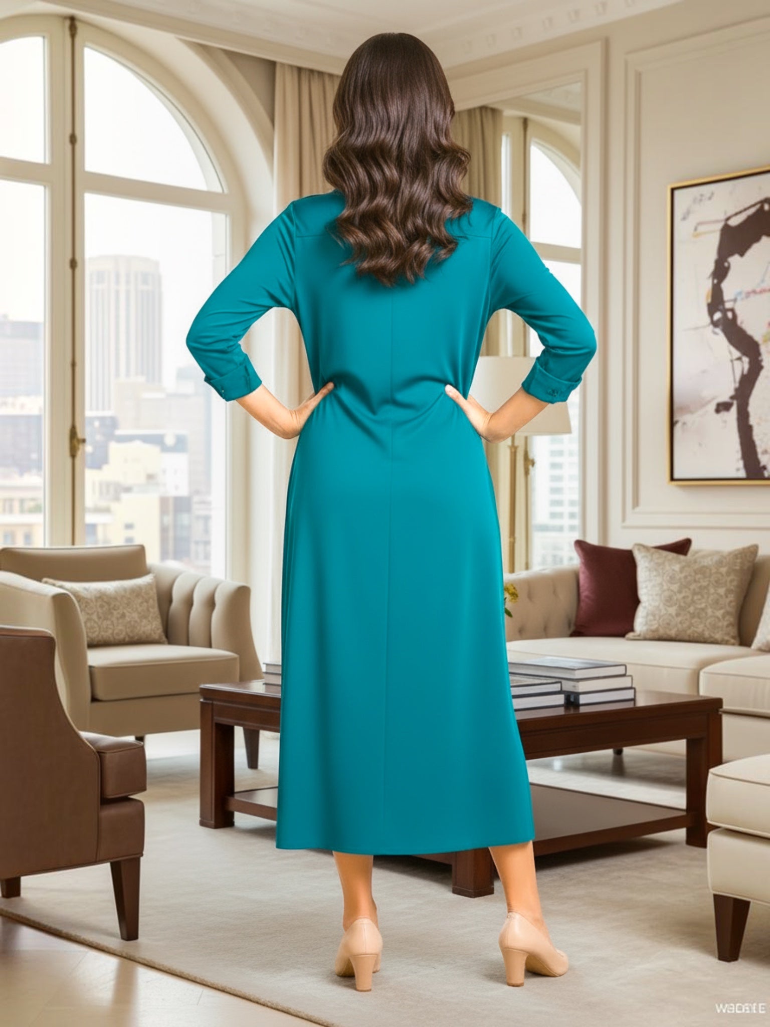 Queen Anna House of Fashion teal liquid jersey shirt dress worn by a woman, back view showing long sleeves and midi fit
