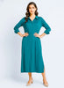 Model wearing Queen Anna House of Fashion teal liquid jersey button-down shirt dress with long sleeves and side slits.