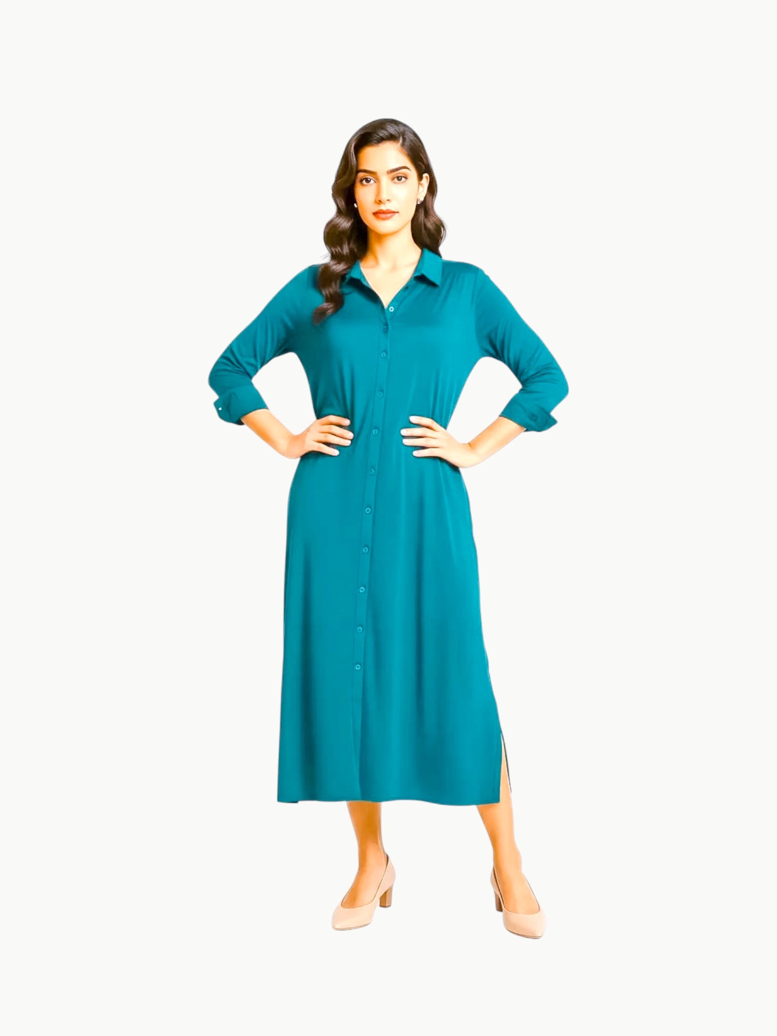 Queen Anna House of Fashion teal liquid jersey shirt dress with a collar, button-down front, and side slits.