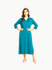 Queen Anna House of Fashion teal liquid jersey shirt dress with a collar, button-down front, and side slits.