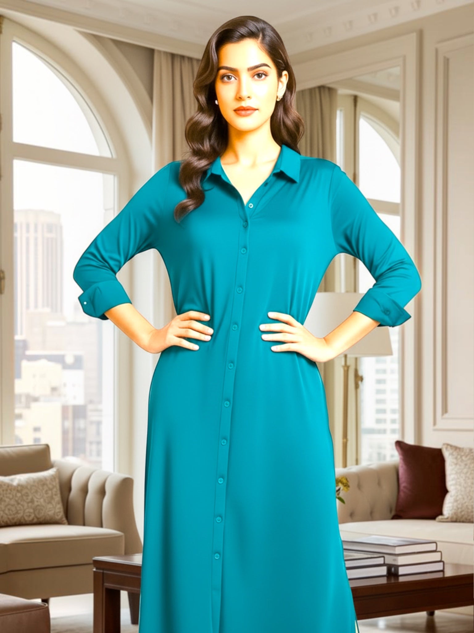 Queen Anna House of Fashion teal liquid jersey shirt dress with a collar and button-down front worn by a model.
