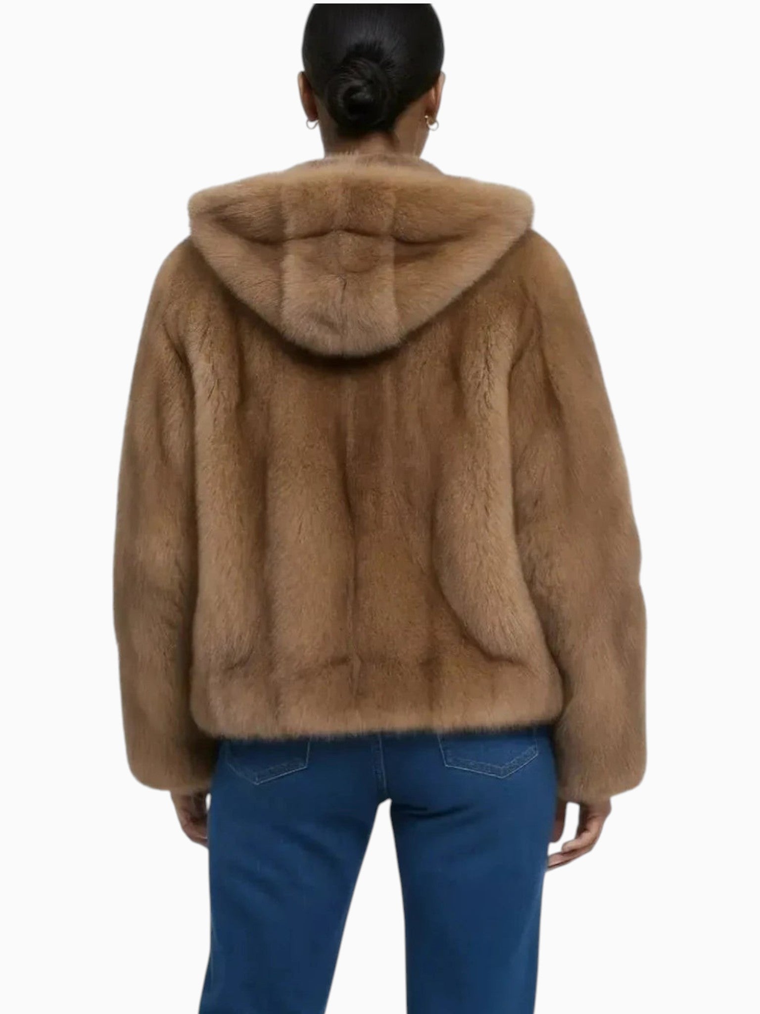 Queen Anna House of Fashion SUGAR Teddy Bear Coat in caramel brown faux fur with hood. Oversized silhouette.