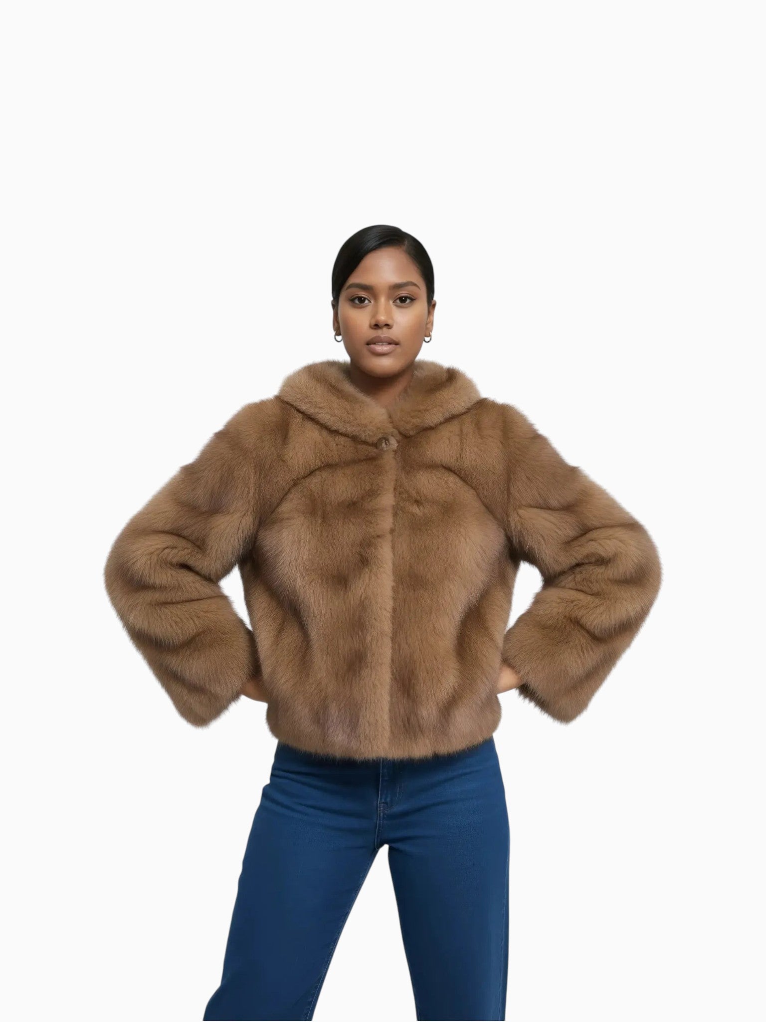 Queen Anna House of Fashion SUGAR Teddy Bear Coat in caramel brown faux fur with an oversized silhouette and notched lapels.