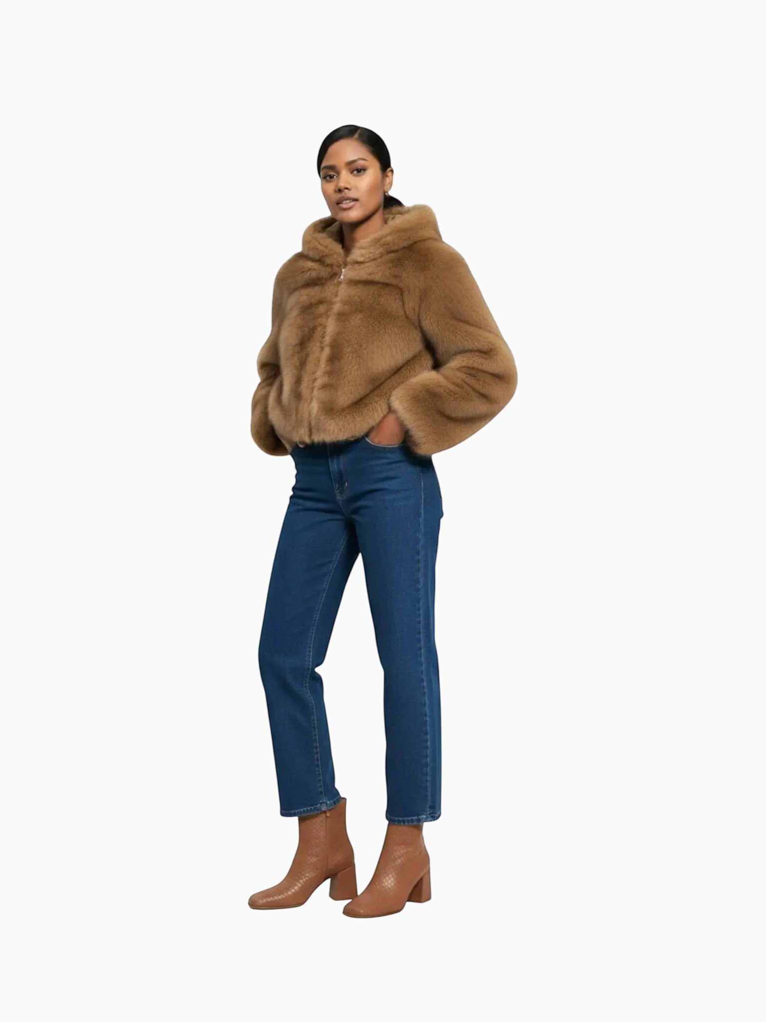 Queen Anna House of Fashion SUGAR Teddy Bear Coat in caramel brown faux fur with zip closure and hood.