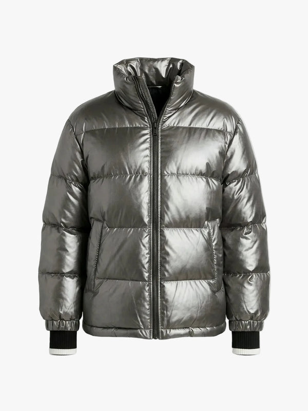 Metallic silver puffer jacket on a light gray background