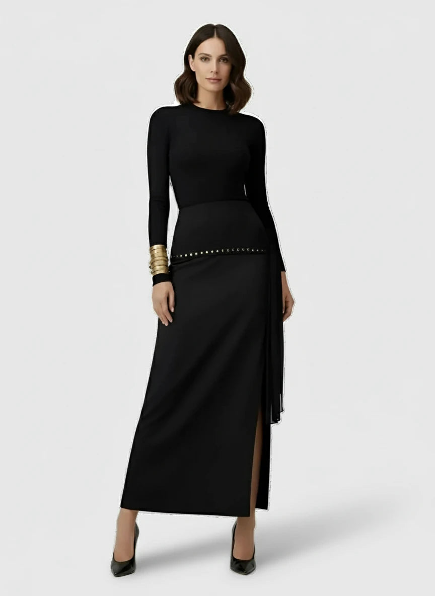 Touché Privé Touché Privé Gold Studded Maxi Skirt in S - Bottom | Queen Anna House of Fashion Women's Luxury Fashion