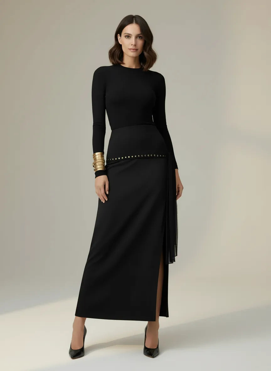 Touché Privé Touché Privé Gold Studded Maxi Skirt in S - Bottom | Queen Anna House of Fashion Women's Luxury Fashion