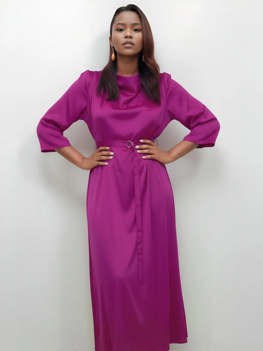 Touché Privé Touché Privé Satin Cowl Neck Dress in Fuchsia Pink - Dress | Queen Anna House of Fashion Women's Luxury Fashion