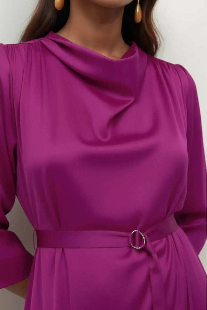 Touché Privé Touché Privé Satin Cowl Neck Dress in Fuchsia Pink - Dress | Queen Anna House of Fashion Women's Luxury Fashion