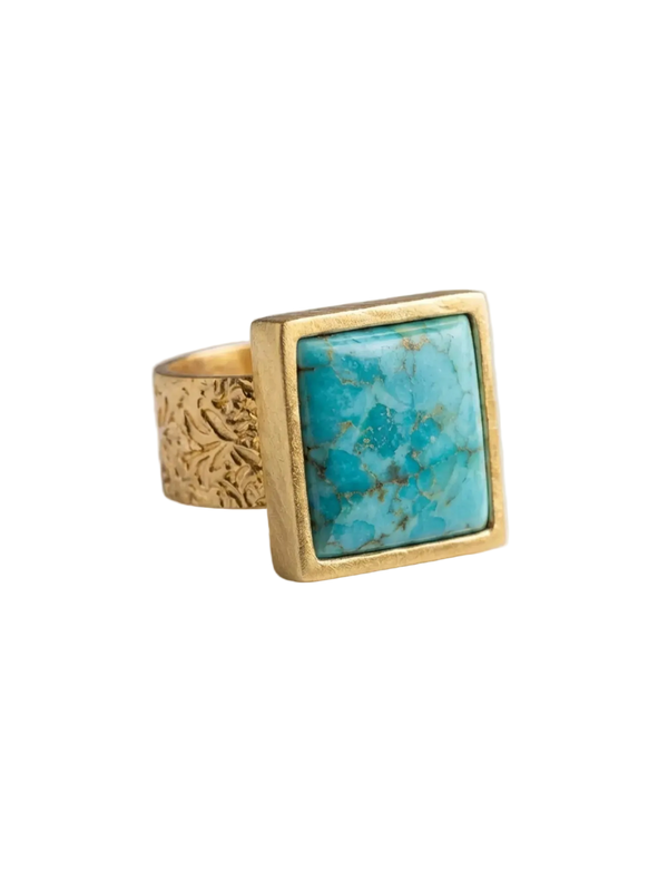Gold ring with a square turquoise stone on a light gray background